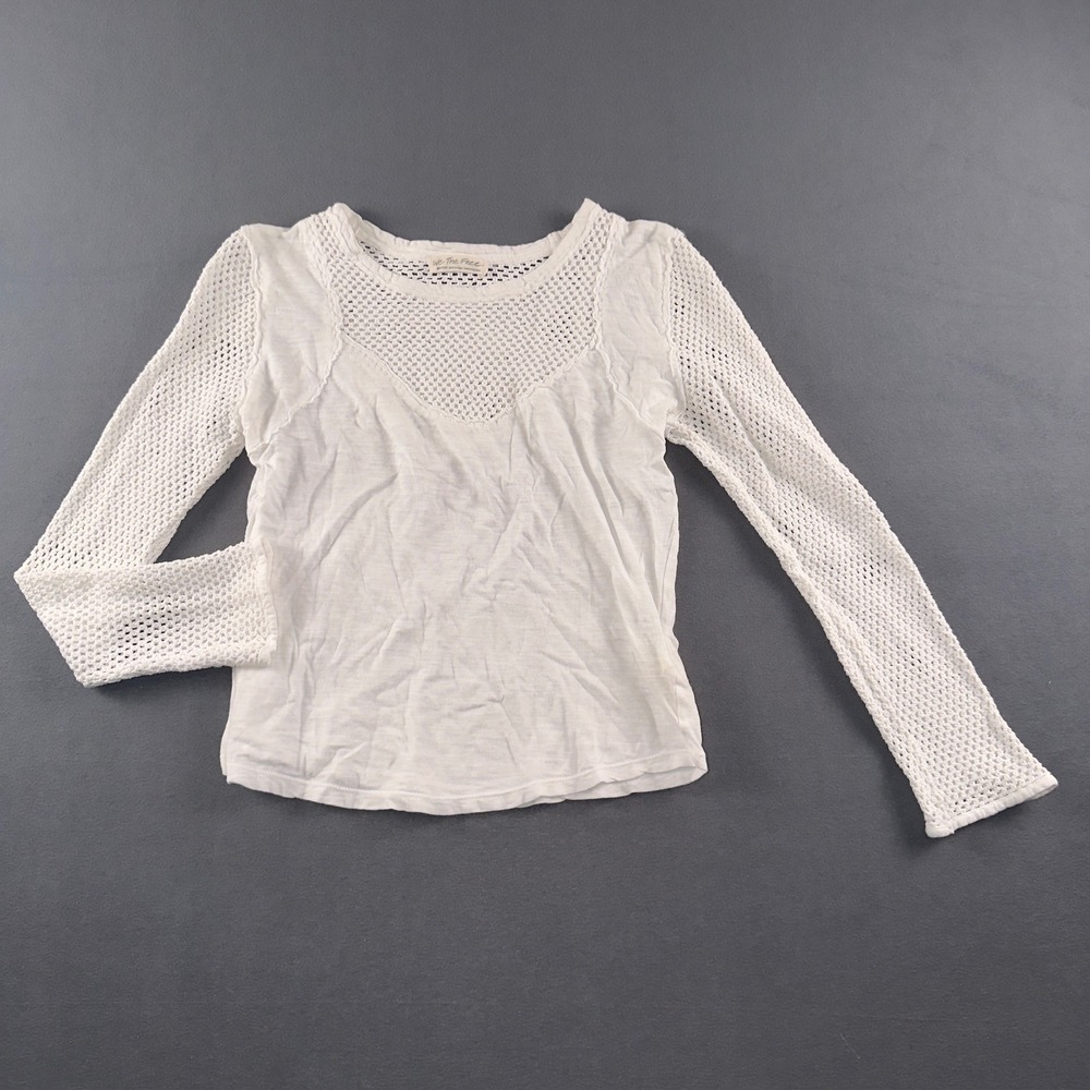 We The Free Free People White Crochet Mesh Long Sleeve Cotton Top Medium M